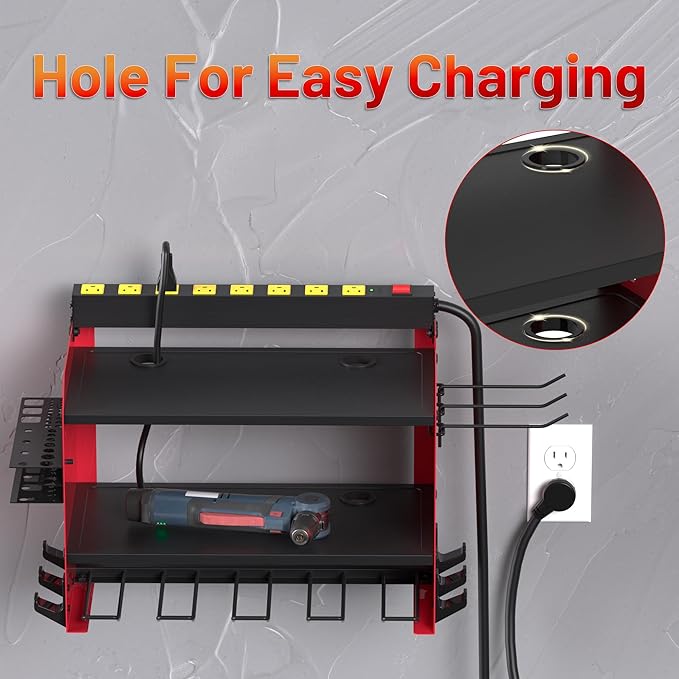 Power Tool Organizer Wall Mount wtih Charging Station,4 Drill Holder Wall Mount with 8 Outlet Power Strip,3 Layers Heavy Duty Tool Rack with Hooks,Screwdriver Organizer in Workbench,Garage