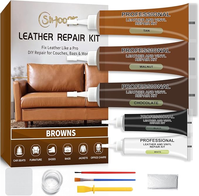 Leather Repair Kit,Car Seats, Sofa,Jacket & Purse - Repairs Burn Holes,Scratches,Tears - Restores Faux,Vinyl,Artificial and Real Leather (Brown)