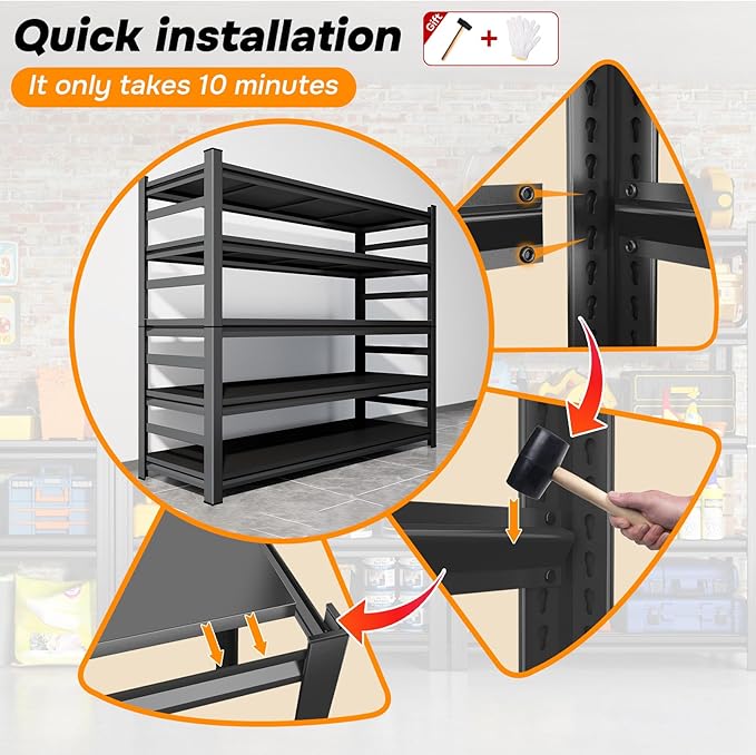 Metal Garage Shelving,48" Wx72 H Heavy Duty Storage Shelves-Easy to Assemble,5 Tier Adjustable 3600 lbs Capacity Metal Storage Utility Rack Shelf Unit for Warehouse Pantry Office Kitchen, Black