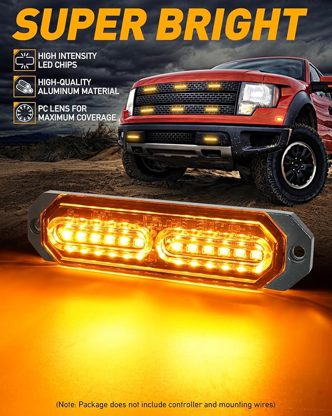 HLauto 1200T Emergency Strobe Grille Lights: 8pcs 12 LED Sync Feature Safety Warning Flashing Lights, Ultra Slim Surface Mount Hazard Caution Lights for Trucks, Vehicles, Car, ATV, UTV (Amber)