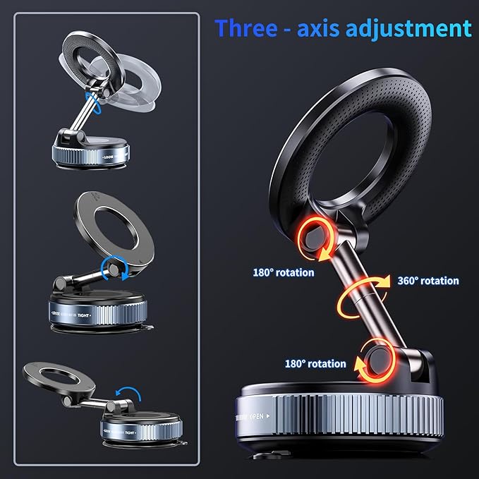 Vacuum Magnetic Car Phone Holder,360°Adjustable Magnetic Phone Holder,Hands-Free Suction Cup Phone Mount for MagSafe,Cell Phone Holders for Your Car for All Smartphones & All Car Models