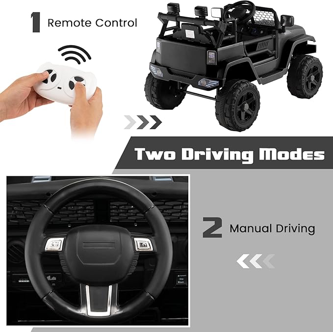 OLAKIDS Kids Ride On Truck, 12V Electric Vehicle Jeep Car with Remote Control, Toddlers Battery Powered Toy with 2 Speeds, Spring Suspension, Double Open Doors, LED Lights, Music, TF, USB, Mp3 (Black)