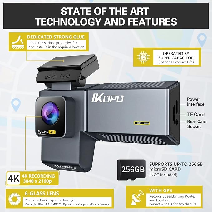 4K Dash Cam Front and Rear and Inside, UHD 2160P Night Vision 3 Channel Dash Camera for Cars, 3.16'' IPS Screen Dual Dashcam with Speed Recording, App Control,24H Parking Mode,G-Sensor