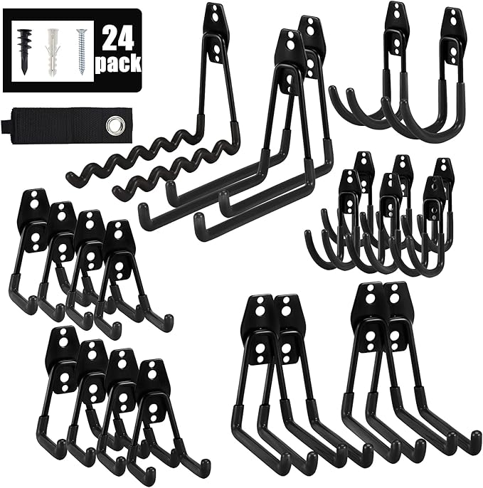 AOBEN Garage Hooks,24Pack Heavy Duty Garage Hanger Organizer Anti-Slip Double Wall Garage Storage Hooks for Ladder, Power Tool,Bike,Ropes (23 Hooks & 1 hoder Strap)-Black