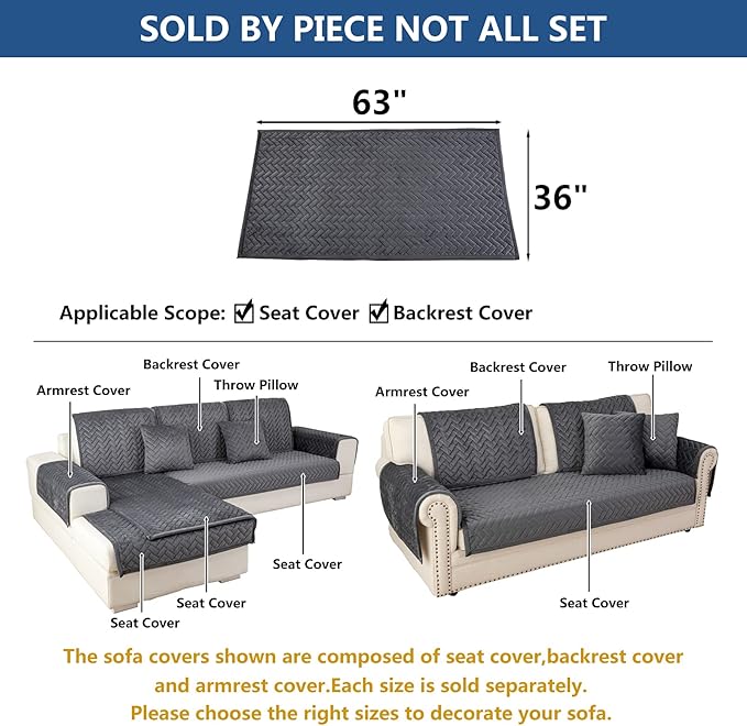 Eismodra Couch Cover,Sectional Couch Covers,Sofa Covers for 3 Cushion Couch,Anti-Slip Sofa Slipcovers for Dogs Cats Kids Loveseat Recliner L Shaped Armrest Backrest,Dark Gray 36''x63''(Only 1 Piece)