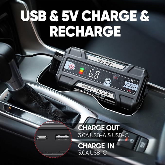 J400 2000A 12V Portable Lithium Jump Starter, Car Battery Booster Pack, USB-C Powerbank Charger, and Jumper Cables for Upto 8.0-Liter Gas and 6.0-Liter Diesel Engines