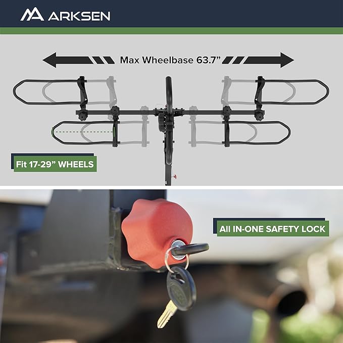 Arksen Hitch Mounted Smart Tilting 2-Bike Rack Platform Style 2" Foldable Carrier for Standard, Fat Tire, and Electric Bicycles -150 lbs Heavy Weight Capacity