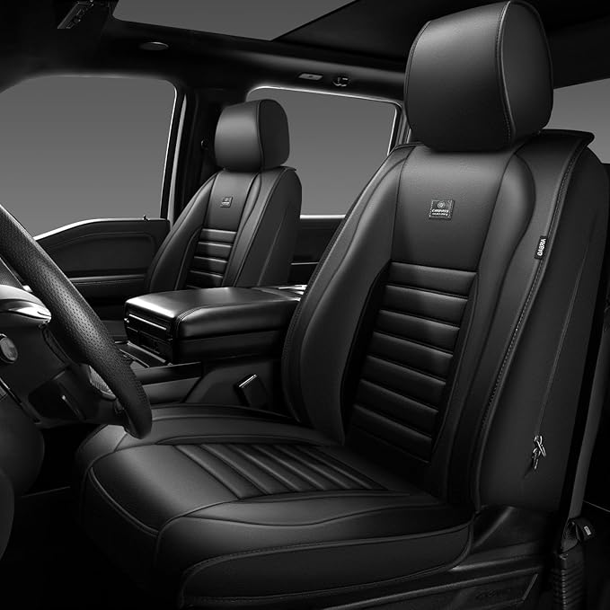 CAR PASS Nappa Leather Car Seat Covers Front Seats, Luxury Seat Protector for Cars, Waterproof Anti-Slip Seat Cushion Armrest Compatible Airbag Universal for Sedan SUV Pick-up Truck Automotive, Black