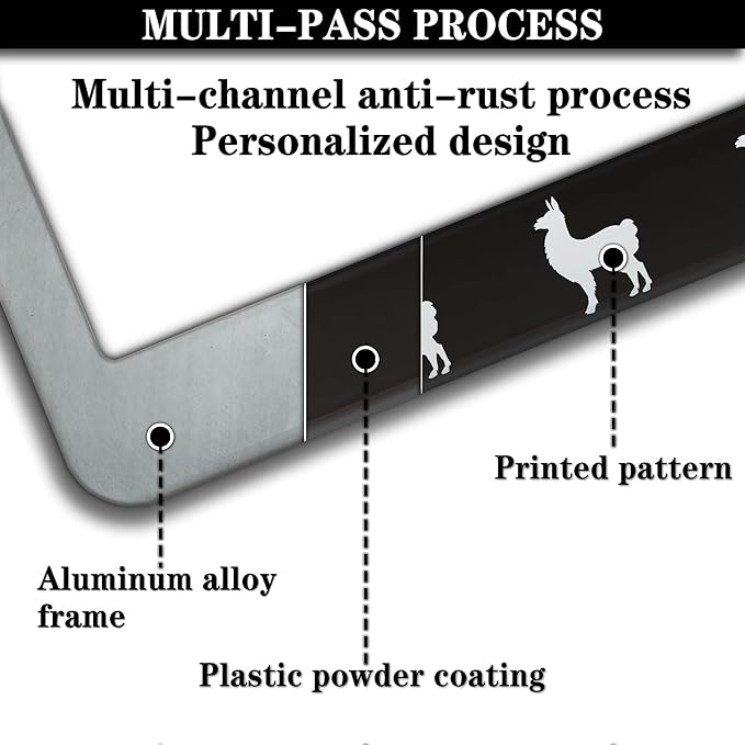 License Plate Frames Black and White Automotive Exterior Accessories Llama Aluminum Metal Car Accessory 2 Pack with Screw Covers Set