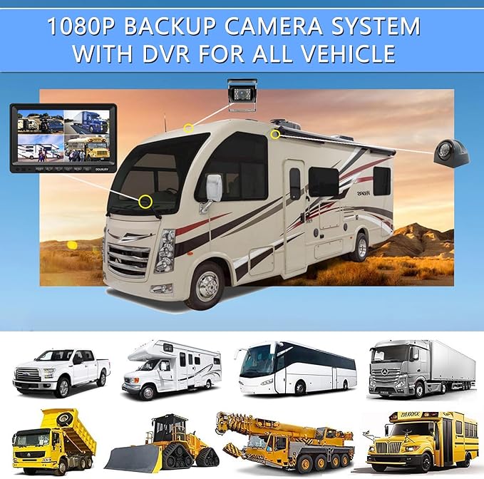 Backup Camera System with 9'' Quad Split 1080P Monitor for RV Trailer Semi Truck Camper Bus & 4 AHD Rear Side View Camera with DVR Record Function Night Vision IP69 Waterproof Avoid Blind Spot DOUXURY