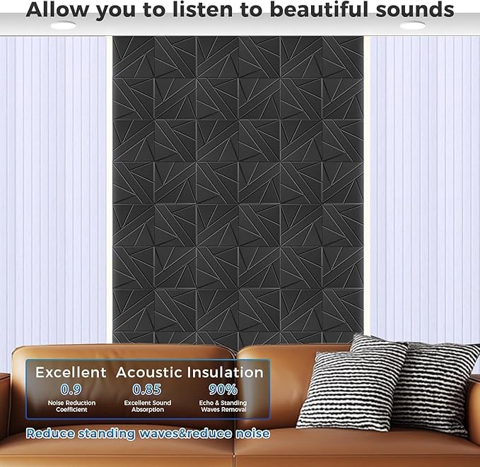 【20 Pack】 Acoustic Panels Self-Adhesive (0.4" Thick | 0.8lb/ft³ Medium Density) - 12x12 Soundproof Foam Tiles for Home Office/Wall Sound Absorption, Noise Reduction Panels Studio Use - Black