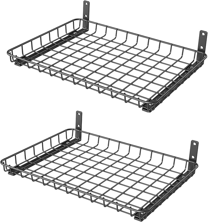 WALMANN Garage 12x18 inch Wall Shelf, Wall-Mounted Storage Shelves for Garage, Closet, Laundry Room, Heavy Duty Wall Shelving, Holds Up to 60 lbs(Pack of 2, Black)