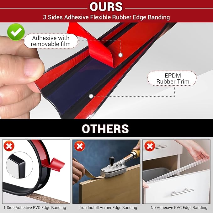 Rubber Edge Trim, 1/2" Self Adhesive Flexible U Channel Edge Protecter for Plywood, Tables, Desks, Cabinets, Counter Top, Wide U Shaped Edge Trim, Edge Banding, Black Color, 20Ft