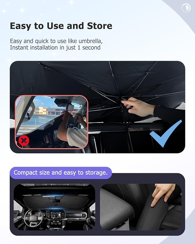 2025 Upgrade Car Windshield Sun Shade Windshield Sunshade Umbrella [Star Fabric] Protect Car from Sun Rays&Heat Damage Keeps Vehicle Cool, Spring Structure Edge Fits Sedans,SUVs,Trucks,Hatchbacks (M3)