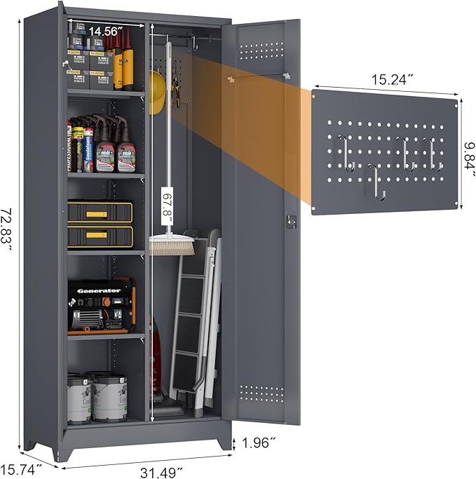GREATMEET 72.8" H Metal Storage Cabinets with Doors and Shelves, Grey Broom Closet Storage Cabinet, Broom and Mop Utility Cabinet for Home,Kitchen,Garage