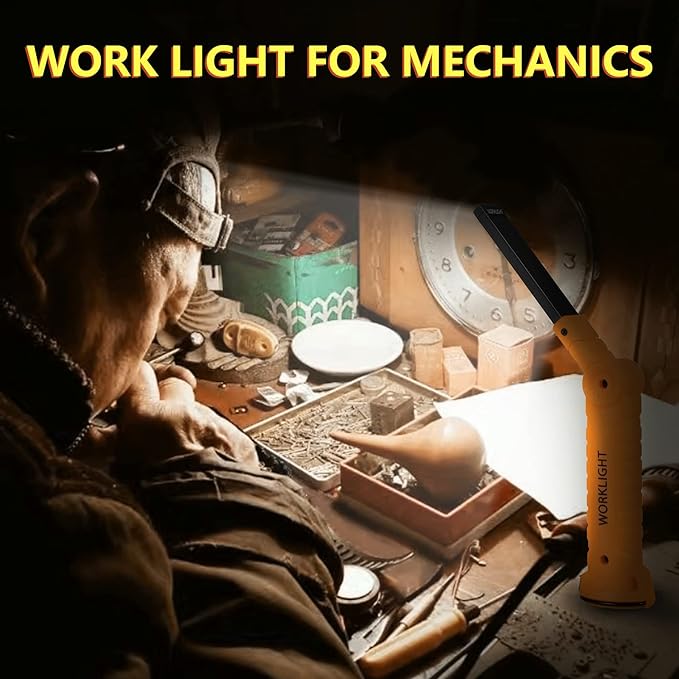 LED Worklight Flashlight, Suranew COB Rechargeable Work Lights with Magnetic Base 360 Degree Rotate and 5 Modes Portable Flood Light Inspection Construction Light for Car Repair (Yellow, 2 Pack)