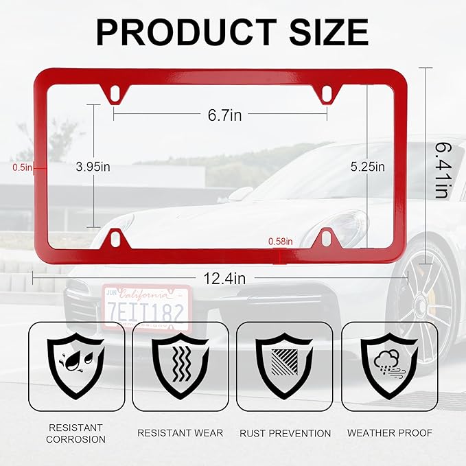 LivTee 4 Holes Stainless Steel License Plate Frames, 2 PCS Car Licence Plate Covers, Automotive Exterior Accessories Slim Design with Bolts Washer Caps for US Vehicles, Red