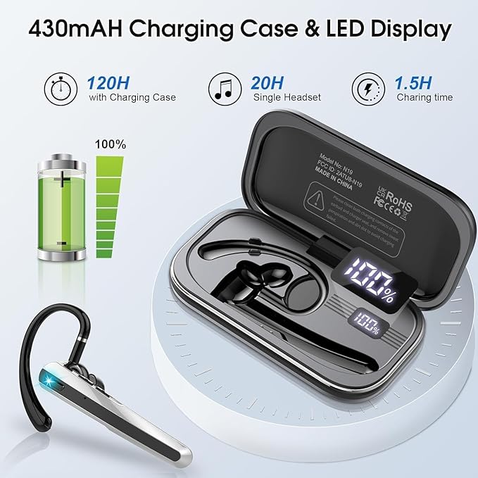 Bluetooth Headset V5.3, Wireless Earpiece with Dual ENC Noise Canceling Mic, 120H Hand-Free Talk Single-Ear Bluetooth Earpiece with LED Display, IP7 Waterproof Headphones for Office/Trucker/Business