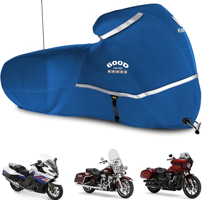 Rosefray Motorcycle Cover with Side Box Heavy Duty 600D Waterproof for Touring Models Harley Davidson Road King,Road Glide,Street Glide, Electra Glide,Low Rider-ST Indoor & Outdoor Storage Blue