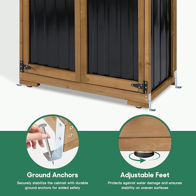 Outdoor Storage Cabinet – Weatherproof Wood & Metal Storage Shed with Adjustable Shelf, Lockable Doors, and Stability Features for Garden, Patio, and Backyard, 27 1/2”x 13”x 67” (Brown+Black)