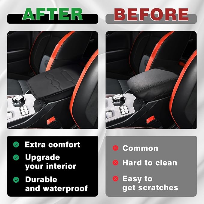 Muslogy Center Console Armrest Cover Compatible with Ford Ranger 2024 2025 Accessories Comfort Armrest Pad Cushion Box Lid Cover Vegan Leather Protector Regular Thick(Black/Black Stitching)