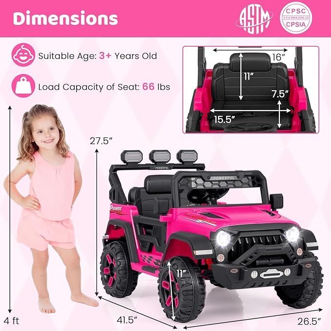 Costzon Kids Ride on Truck, 12V Electric Ride on Car with Remote Control, 3 Speed & Spring Suspension, Wireless Connection, USB, Music, Light, Kids Ride on Toys for Boys Girls (Pink)