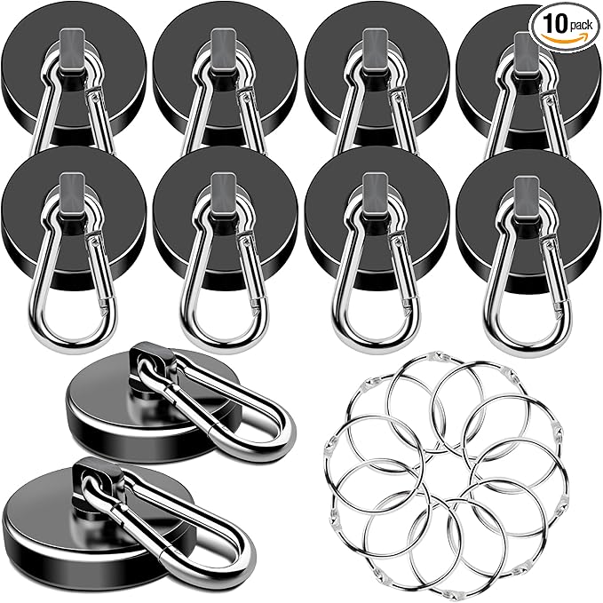 MIKEDE Strong Magnetic Hooks, 150LB Neodymium Black Magnets Heavy Duty with Swivel Carabiner Hook, Magnets with Hooks for Locker, Kitchen, Cruise Cabin, Office - 10 Pack