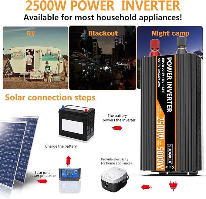 SUDOKEJI 2500W Power Inverter 12V DC to AC 110V/120V (Peak) 5000W Converter 3 sockets car Inverter with Remote Control and LED Display 3.4v USB Port