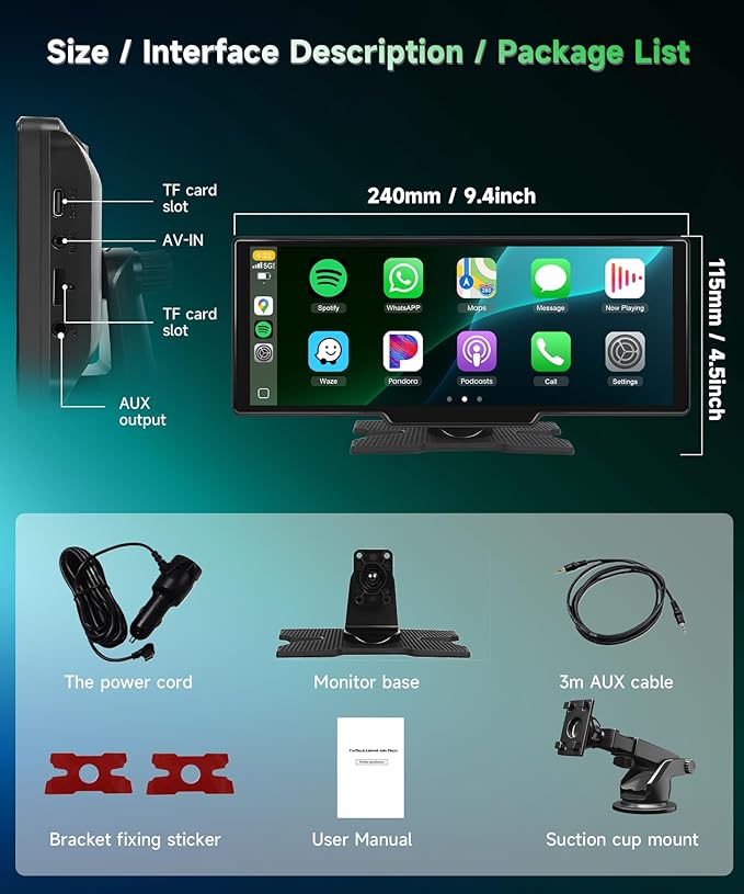 Carplay Screen for Car, 10.26 inch IPS Touch Screen Portable Wireless Car Stereo with Carplay Android Auto SuperLink OTA Bluetooth GPS Siri Aux, 7-32V for Trucks, SUVs, Cars, RVs