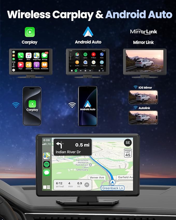 Portable Carplay Screen for Car 5K Dash Cam, 9" Wireless CarPlay & Android Auto Car Stereo, Car Audio Receivers with 1080p Backup Camera, Bluetooth/GPS Navigation/Voice Control/Mirror Link