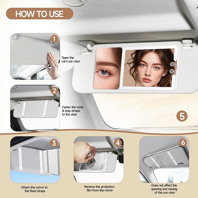Car Sun Visor Vanity Mirror with Lights,Side with 6 inch 20X Magnifying Mirror,Rechargeable Car Makeup Mirror with 3 Light Modes,Dimmable Touch Led Screen,White