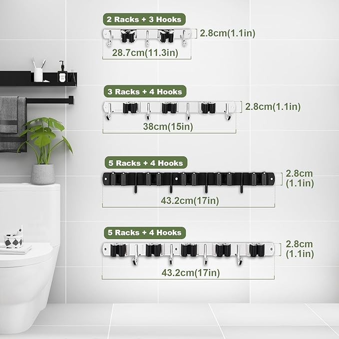 3 Racks and 4 Hooks Broom and Mop Holder Wall Mounted Garage Organizer Storage Tool Racks Stainless Steel Heavy Duty Hooks Self Adhesive Solid Non-slip Wall Hangers for Home Kitchen Garden Laundry