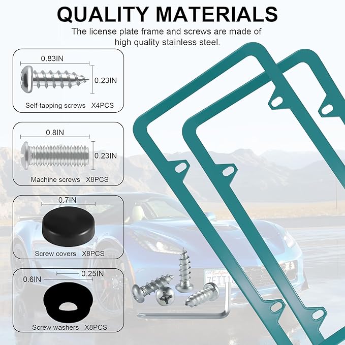 LivTee 4 Holes Stainless Steel License Plate Frames, 2 PCS Car Licence Plate Covers, Automotive Exterior Accessories Slim Design with Bolts Washer Caps for US Vehicles, Green