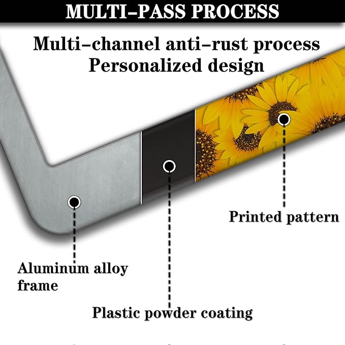 License Plate Protector for Women Yellow License Plate Frames for Men Sunflower Aluminum Metal Car Accessory 2 Pack with Screw Covers Set