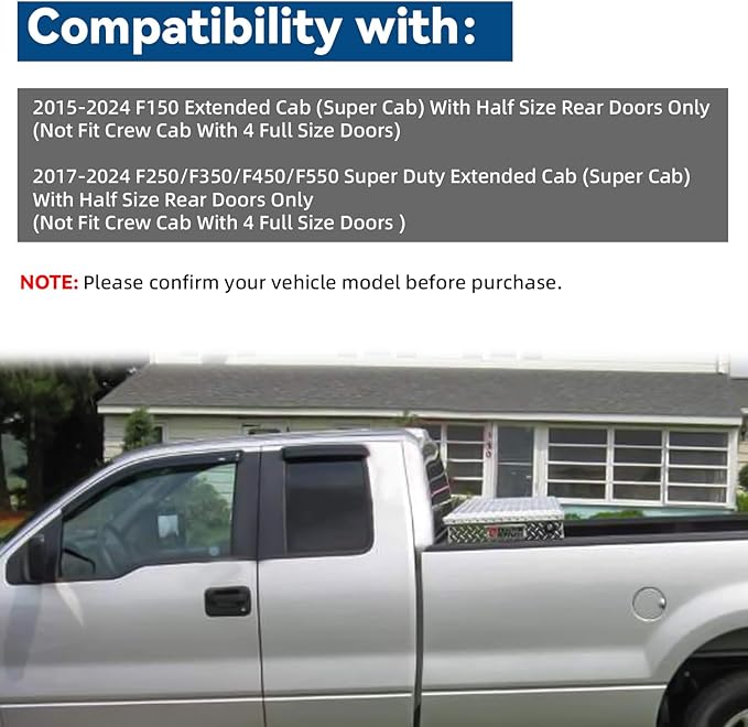4pcs Window Visors Compatible with 2015-2024 F150/ F250/F350/F450/F550 Super Duty Extended (Super) Cab with Half Size Rear Doors Front+Rear Smoke Tint Sun/Rain Guard Outside Mount Tape-On Vent
