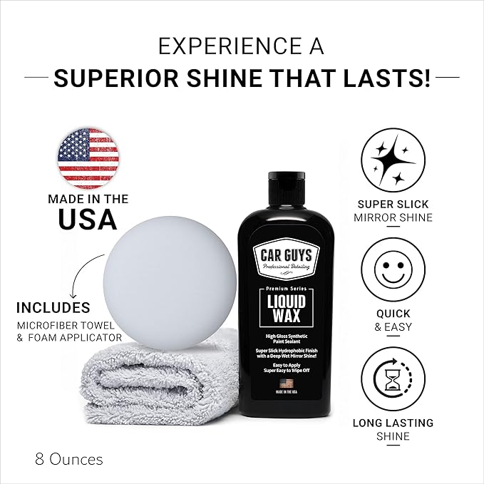 CAR GUYS Liquid Wax | Advanced Car Wax | Superior Protection with a Carnauba Wax Shine | For all Paint Colors and Excellent Black Car Wax | 8 Oz Kit