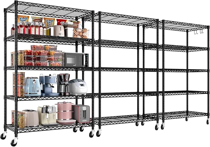 PrimeZone 3 Packs 36" W x 16" D x 79" H Wire Storage Shelves with Wheels, 5 Tier NSF Certified Heavy Duty Adjustable Kitchen Shelving Unit, Pantry Organizer Rack Rolling Metal Shelf for Garage Closet