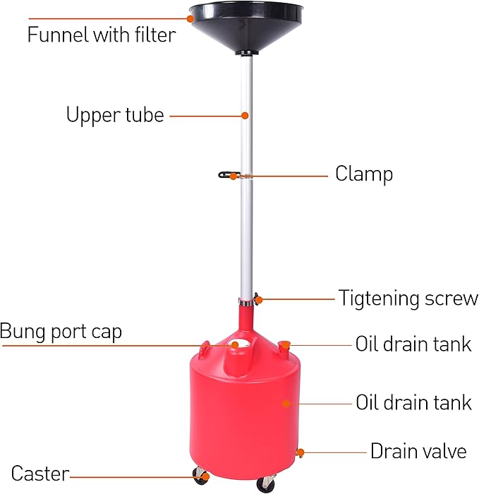 PONO Portable Waste Oil Drain Tank 18 Gallon with Steel Waste Oil Container, Adjustable Funnel Height, Oil Changing, Oil Dolly for Car Fluid Fuel Transfer Drainage