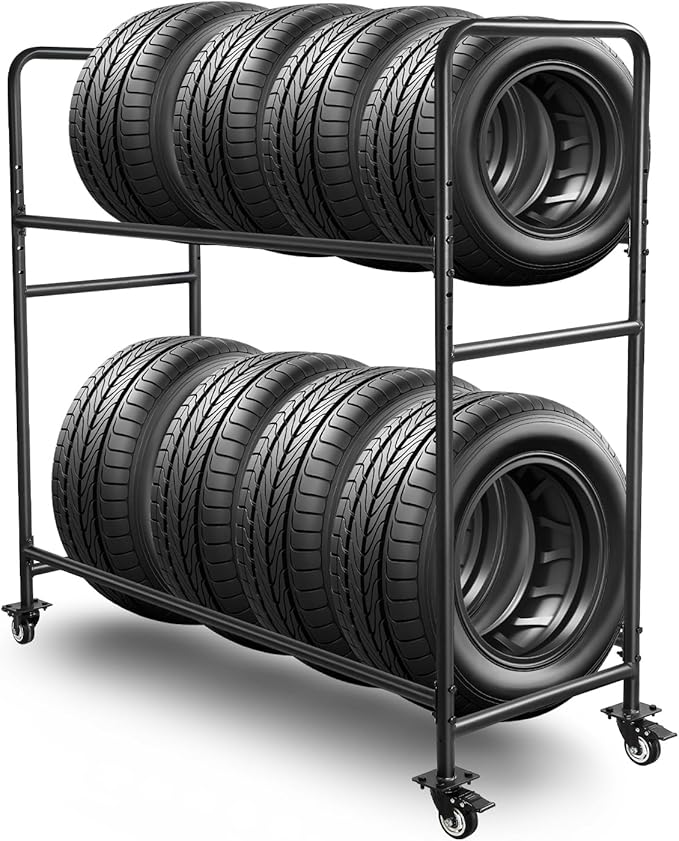Tire Rack, Adjustable Height Metal Rolling Storage Rack 60" x 59" x 21" for Garage, Warehouse, Indoor Outdoor Use, Holds Firewood & Tires