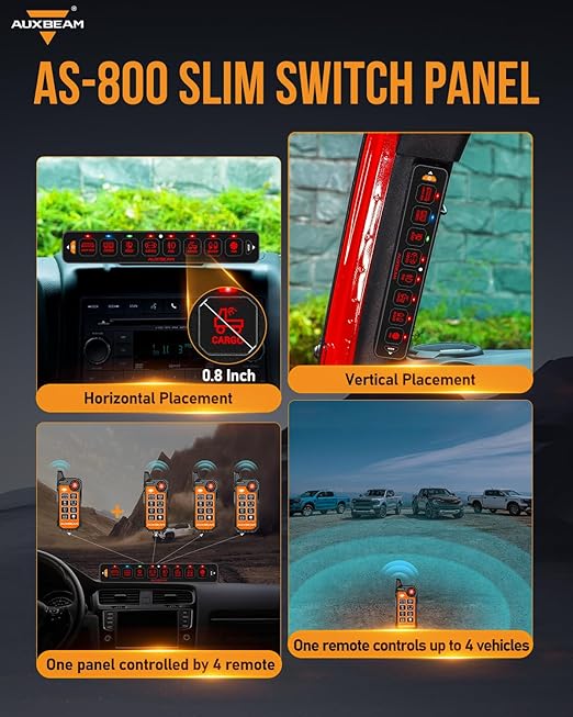 Auxbeam 8 Gang Slim Switch Panel Bluetooth RGB AS-800 with APP&Remote Control Toggle Momentary Pulsed 80A Switch Pod Off Backlight for 12-24V Truck Offroad UTV ATV Car Marine, 2 Years Warranty
