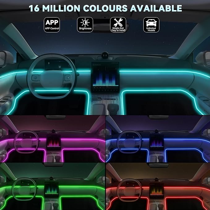 AUTOXBERT Car LED Interior Strip Lights, Multicolor RGB Ambient Lighting Kit 5 in 1 with 236 inches Fiber Optic, 16 Million Colors Lights with Sound Active Function & APP Control