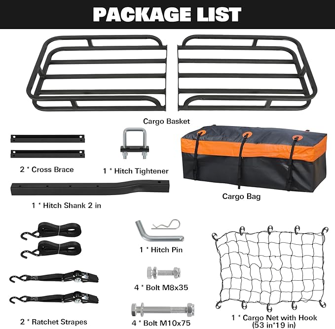 WEIZE Folding Hitch Mount Cargo Carrier Basket 53" X 19" + Waterproof Cargo Bag, Hauling Weight Capacity of 500 Lbs fit on 2 Inch Receiver, with Hitch Stabilizer, Net and Straps