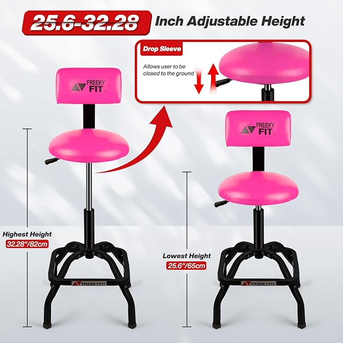 Shop Stool with Backrest, Mechanic Garage Stool for Workshop, Adjustable Shop Stools Chair, Padded Workbench Stools for Men Women, 300 LBS Capacity, 360° Swivel PVC Seat, Heavy Duty, Pink