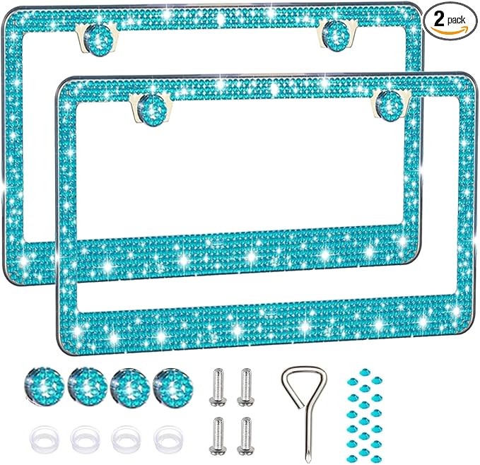 2 Pack License Plate Frames for Women, Sparkly Rhinestone Diamond Car Accessories with Glitter Crystal Caps (Blue（2PCS）)