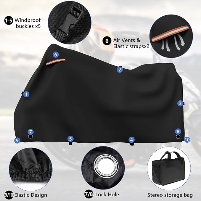 STARTWO Motorcycle Covers Waterproof Outdoor Storage Heavy Duty All Season Universal Vehicle Cover for Harley Davidson XTM 350, XTM 500, Nightster, Sportster and Most Motorcycles 86"x41"x50" Black