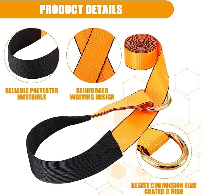 8 Pack 2'' X 8ft Tow Truck Straps Lasso Wheel Lift Straps Lasso Tow Strap with D Ring 11, 000 Lbs Break Strength Auto Tie Down Auto Hauler for Trailer Truck Tie
