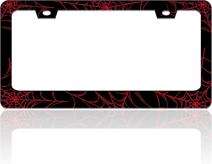 Red Spider Web License Plate Frame Funny Cobweb Stainless Steel License Plate Holder for Front or Rear Car Tags for Car Decoration Accessories with Screws 6.3 X 12.2 in for Women Men