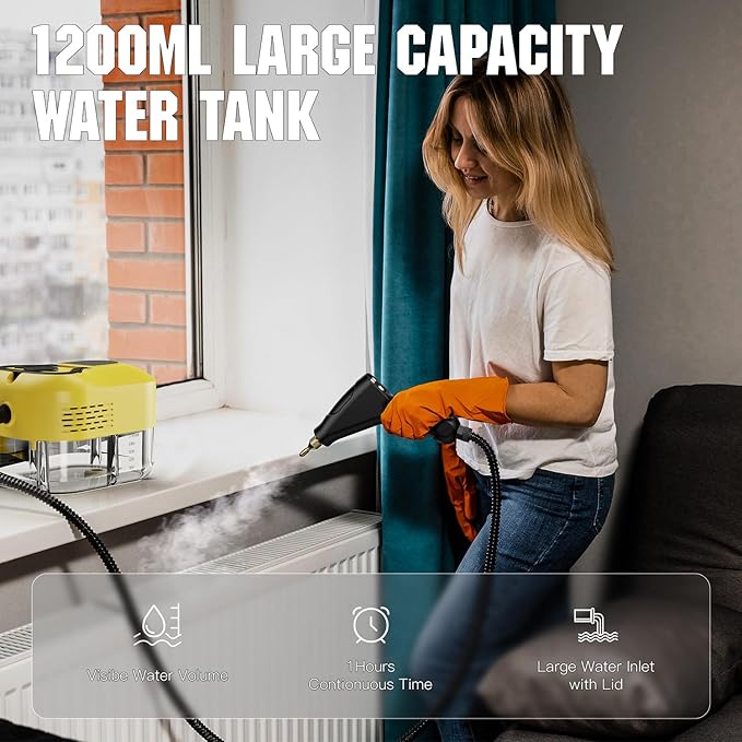 Handheld Steam Cleaner for Home＆Kitchen, 212°F High Temperature, 1200ML Tank, Portable Steam Cleaner for Car Carpet Detailing Window Floor Couch Grease Tile, Pressurized Steamer for Cleaning