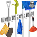 Broom Holder Wall Mount Mop and Broom Hanger Wall Mounted Garage Storage Rack Kitchen Garden Tool Organizer (4 Racks with 5 Hooks, Silver)