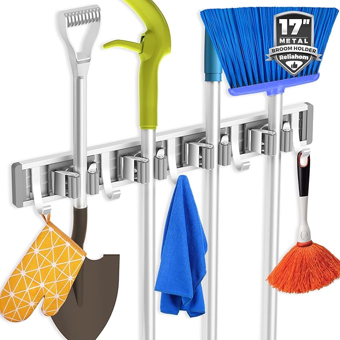 Broom Holder Wall Mount Mop and Broom Hanger Wall Mounted Garage Storage Rack Kitchen Garden Tool Organizer (4 Racks with 5 Hooks, Silver)